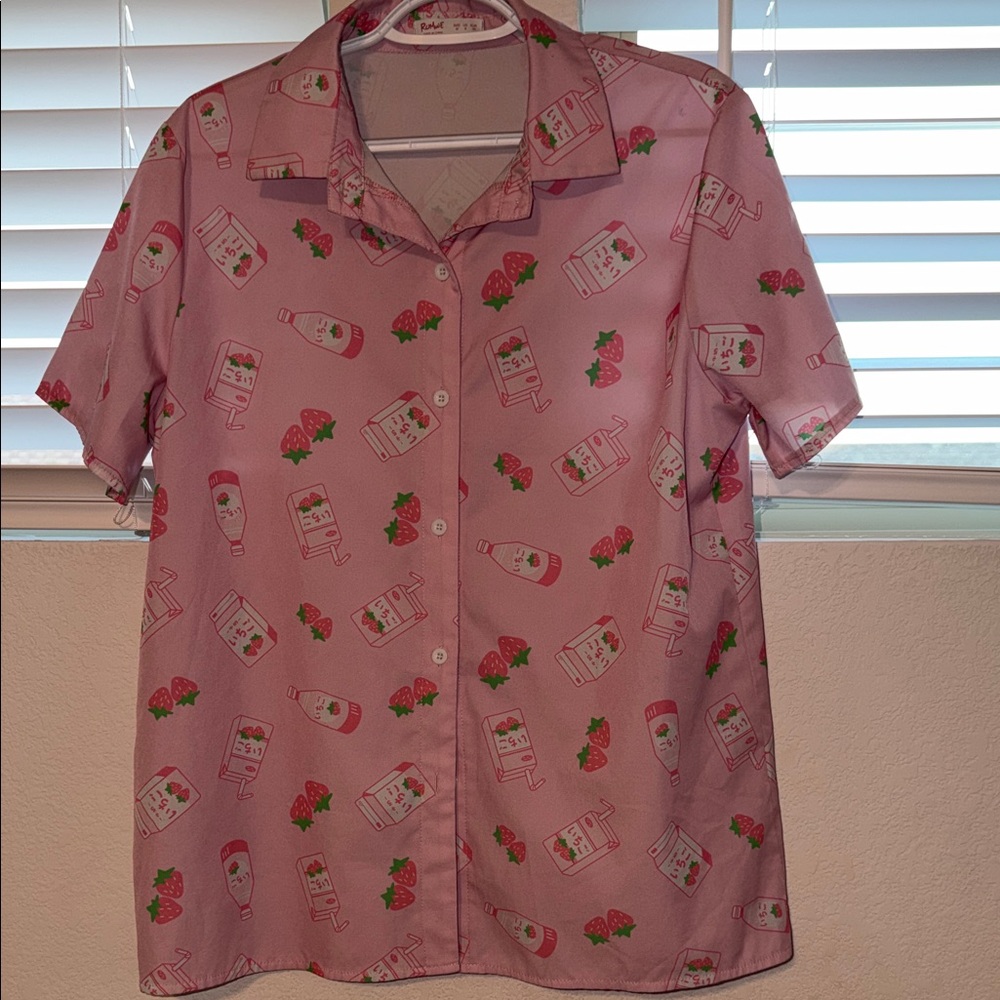 ROMWE Kawaii Strawberry Milk Graphic Button Down Shirt - Picture 3 of 8